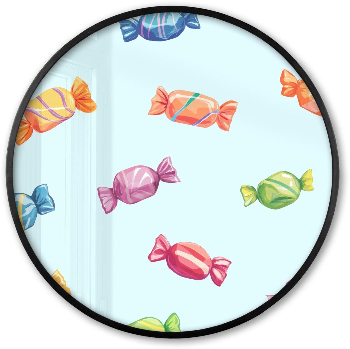 FrameYourWall Poster in lijst Rond - Fotolijst 80x80 cm - Posters - Blauw - Patroon - Snoep - Ronde posterlijst zwart - Decoratie - Wanddecoratie woonkamer - Muurdecoratie slaapkamer Snoepjes - Patroon