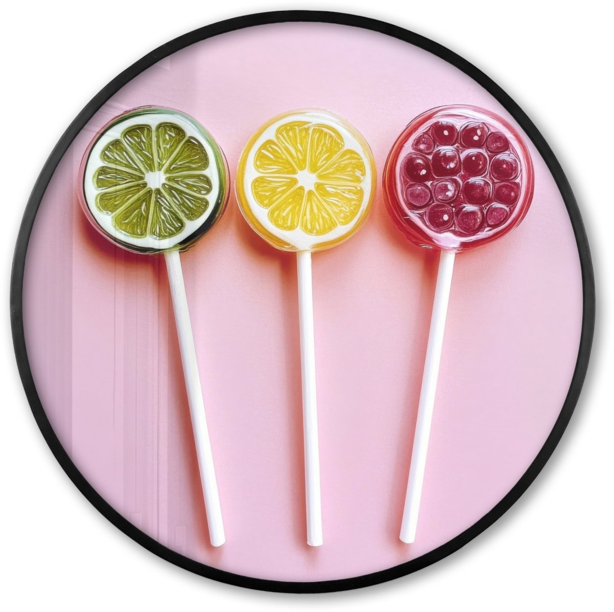 FrameYourWall Poster in lijst Rond - Fotolijst 80x80 cm - Posters - Lolly - Snoep - Citrus - Ronde posterlijst zwart - Decoratie - Wanddecoratie woonkamer - Muurdecoratie slaapkamer
