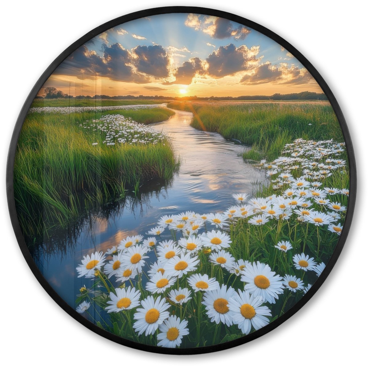 FrameYourWall Poster in lijst Rond - Fotolijst 60x60 cm - Posters - Beekje - Landschap - Margriet - Ronde posterlijst zwart - Decoratie - Wanddecoratie woonkamer - Muurdecoratie slaapkamer Landschap - Water