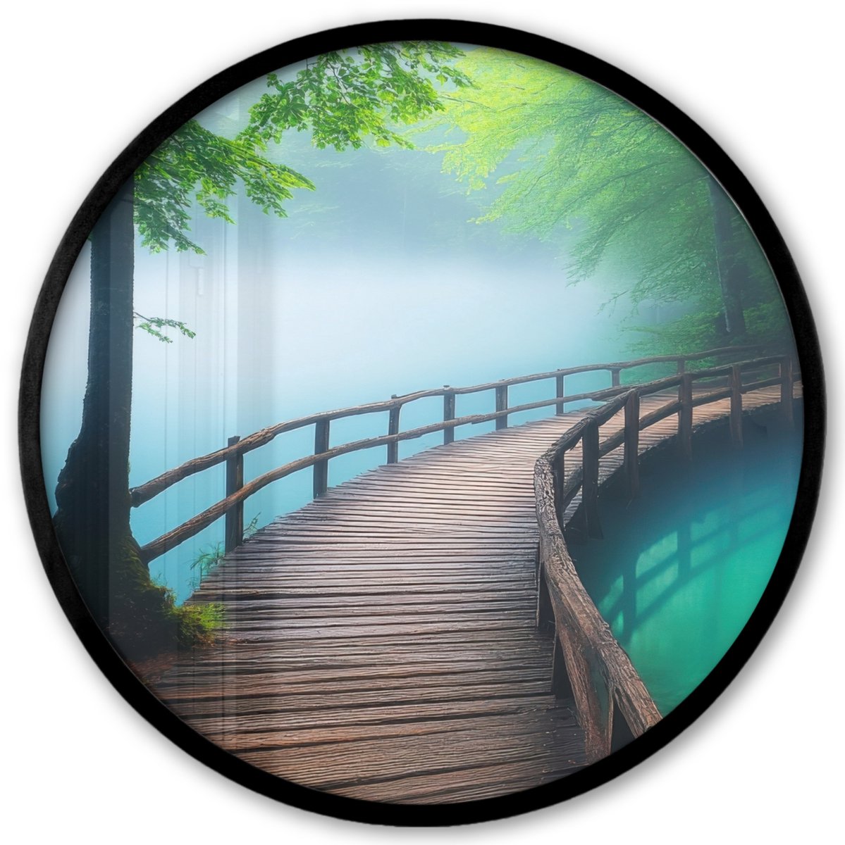 FrameYourWall Poster in lijst Rond - Fotolijst 40x40 cm - Posters - Brug - Water - Rivier - Bos - Ronde posterlijst zwart - Decoratie - Wanddecoratie woonkamer - Muurdecoratie slaapkamer