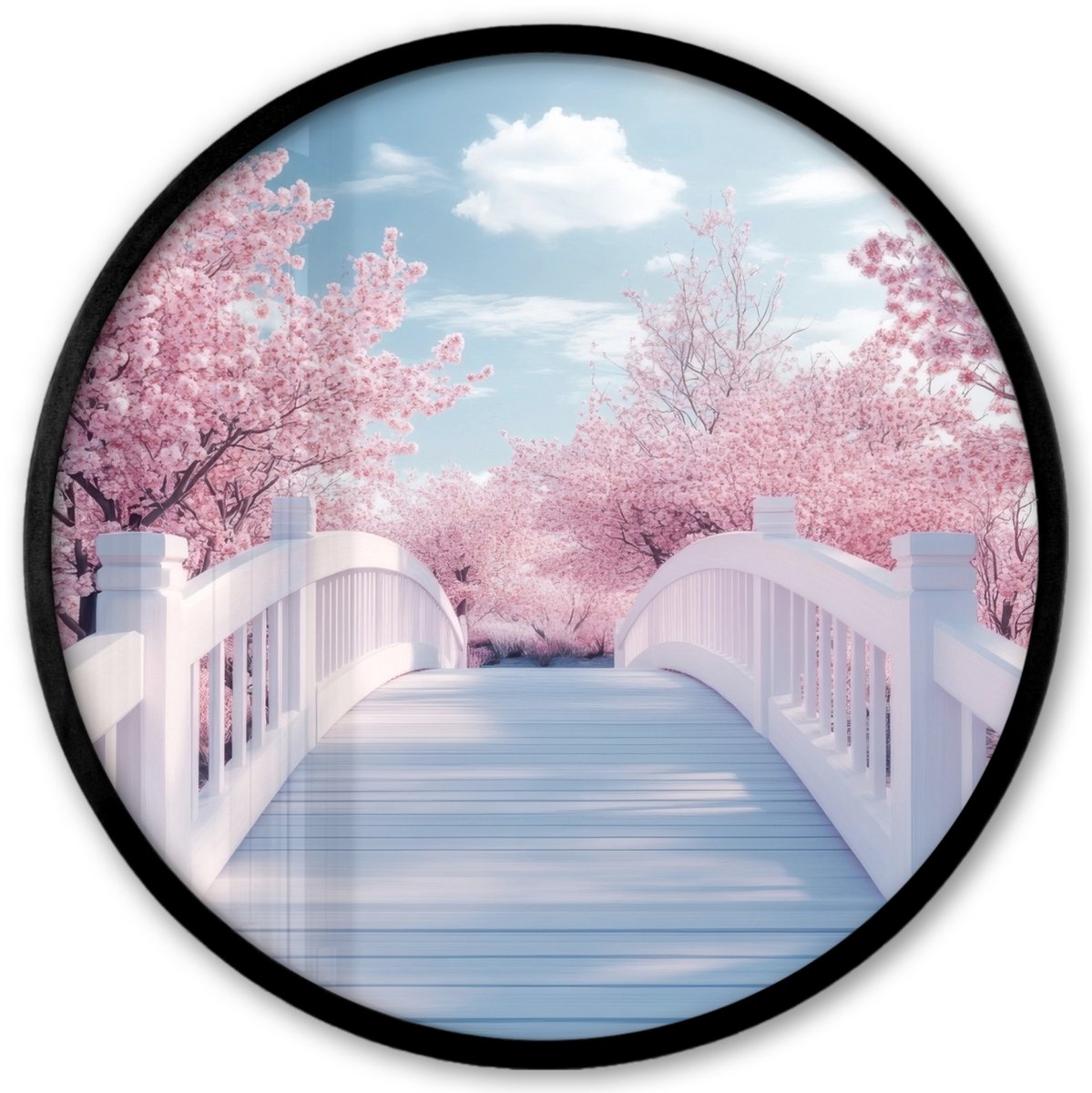 FrameYourWall Poster in lijst Rond - Fotolijst 40x40 cm - Posters - Brug - Kersenbomen - Wit - Ronde posterlijst zwart - Decoratie - Wanddecoratie woonkamer - Muurdecoratie slaapkamer Brug - Sakura