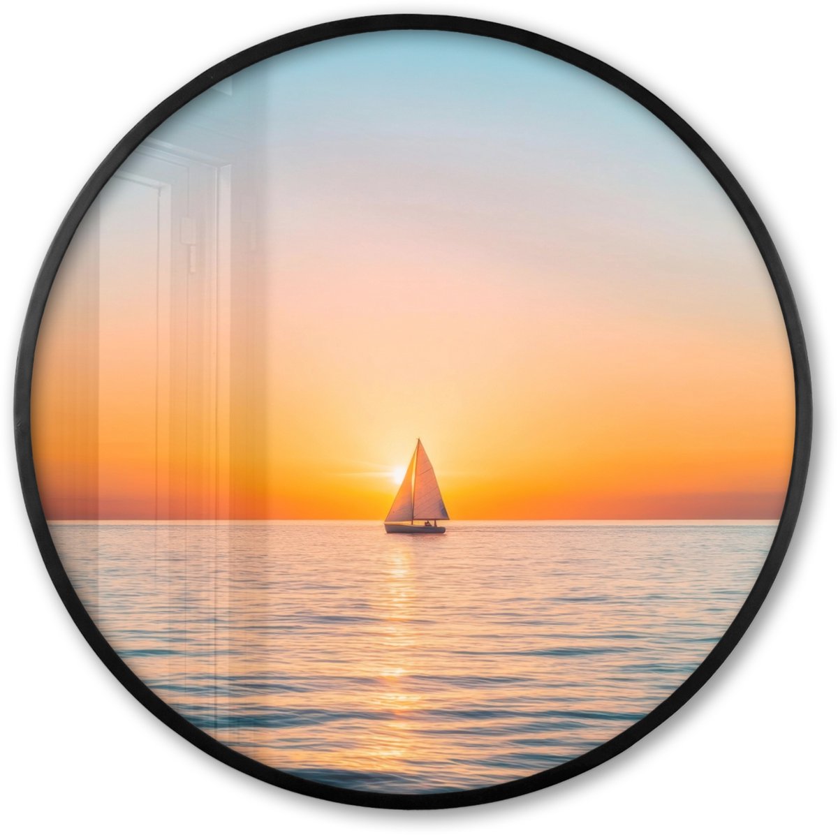 FrameYourWall Poster in lijst Rond - Fotolijst 60x60 cm - Posters - Zee - Zeilboot - Zonsondergang - Ronde posterlijst zwart - Decoratie - Wanddecoratie woonkamer - Muurdecoratie slaapkamer