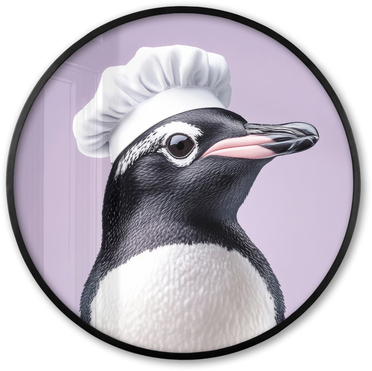 FrameYourWall Poster in lijst Rond - Fotolijst 60x60 cm - Posters - Pinguïn - Koksmuts - Lief - Paars - Ronde posterlijst zwart - Decoratie - Wanddecoratie woonkamer - Muurdecoratie slaapkamer Koksmuts - Pinguïn