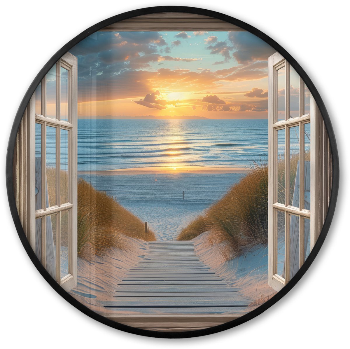 FrameYourWall Poster in lijst Rond - Fotolijst 60x60 cm - Posters - Doorkijk - Strand - Pad - Zonsondergang - Ronde posterlijst zwart - Decoratie - Wanddecoratie woonkamer - Muurdecoratie slaapkamer Zonsondergang - Zee