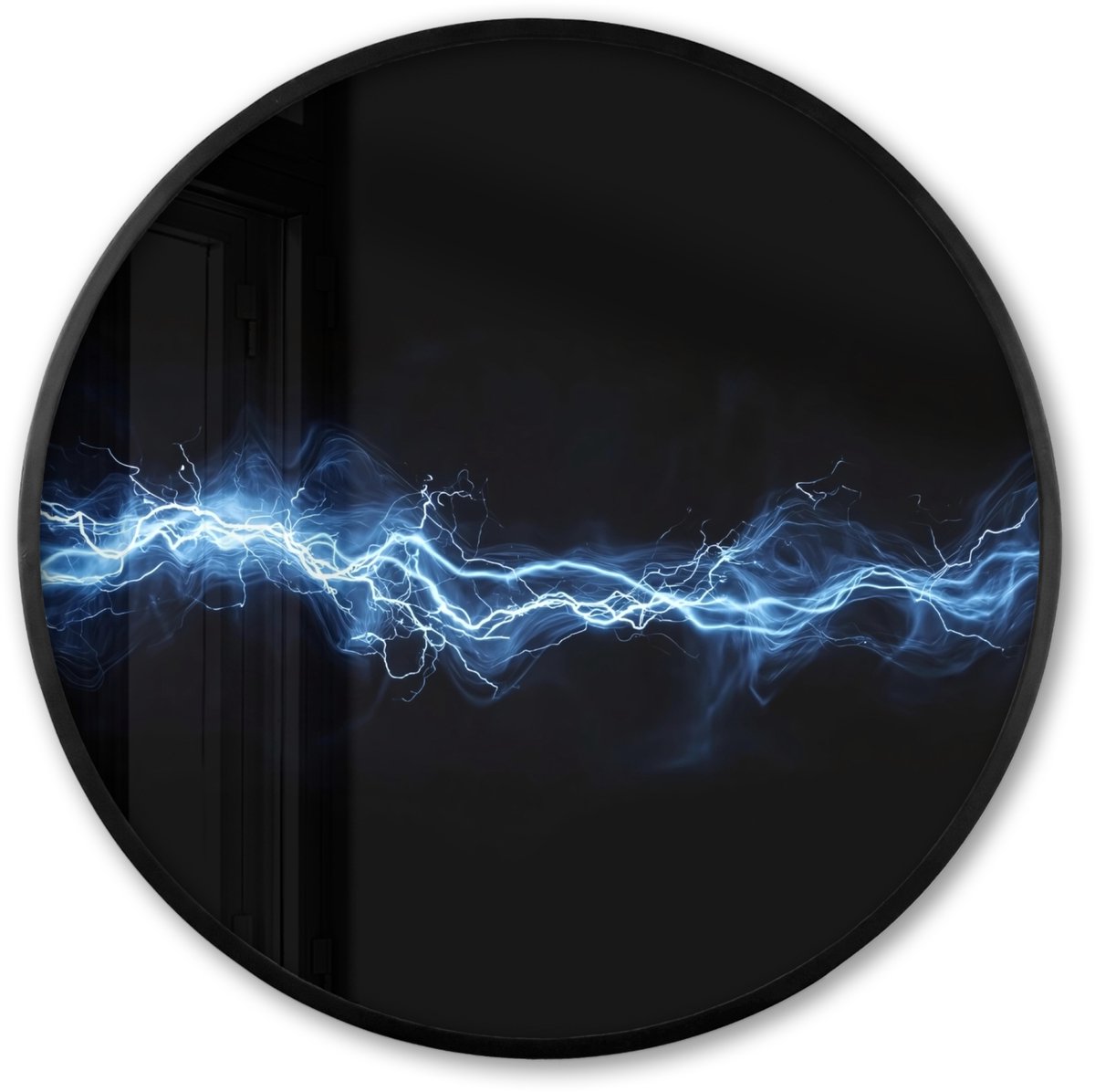FrameYourWall Poster in lijst Rond - Fotolijst 60x60 cm - Posters - Gaming - Bliksemflits - Blauw - Energie - Ronde posterlijst zwart - Decoratie - Wanddecoratie woonkamer - Muurdecoratie slaapkamer Vonken