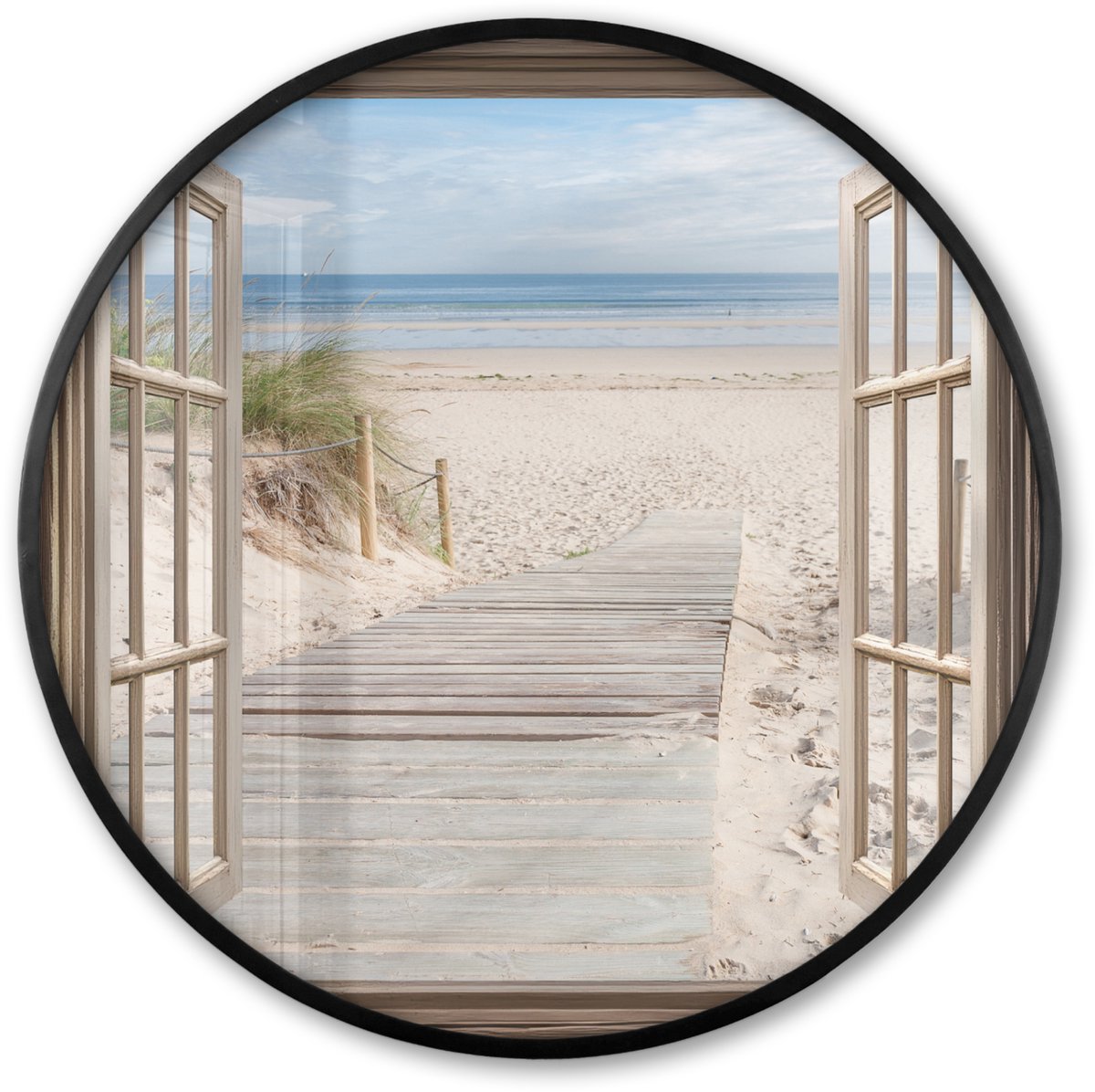 FrameYourWall Poster in lijst Rond - Fotolijst 80x80 cm - Posters - Doorkijk - Strand - Duinen - Pad - Landschap - Ronde posterlijst zwart - Decoratie - Wanddecoratie woonkamer - Muurdecoratie slaapkamer Strand - Pad