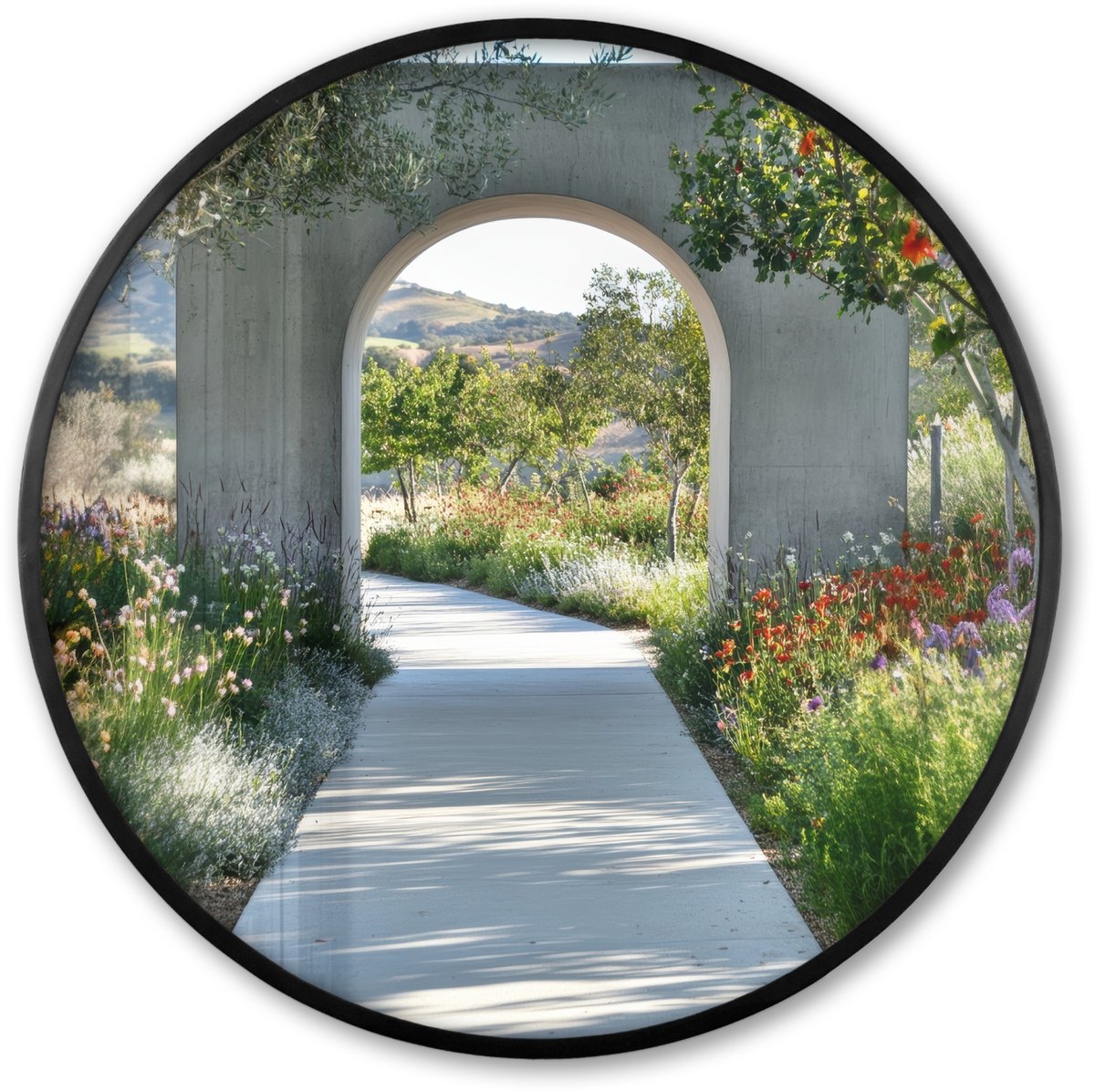 FrameYourWall Poster in lijst Rond - Fotolijst 80x80 cm - Posters - Doorkijk - Pad - Beton - Landschap - Ronde posterlijst zwart - Decoratie - Wanddecoratie woonkamer - Muurdecoratie slaapkamer