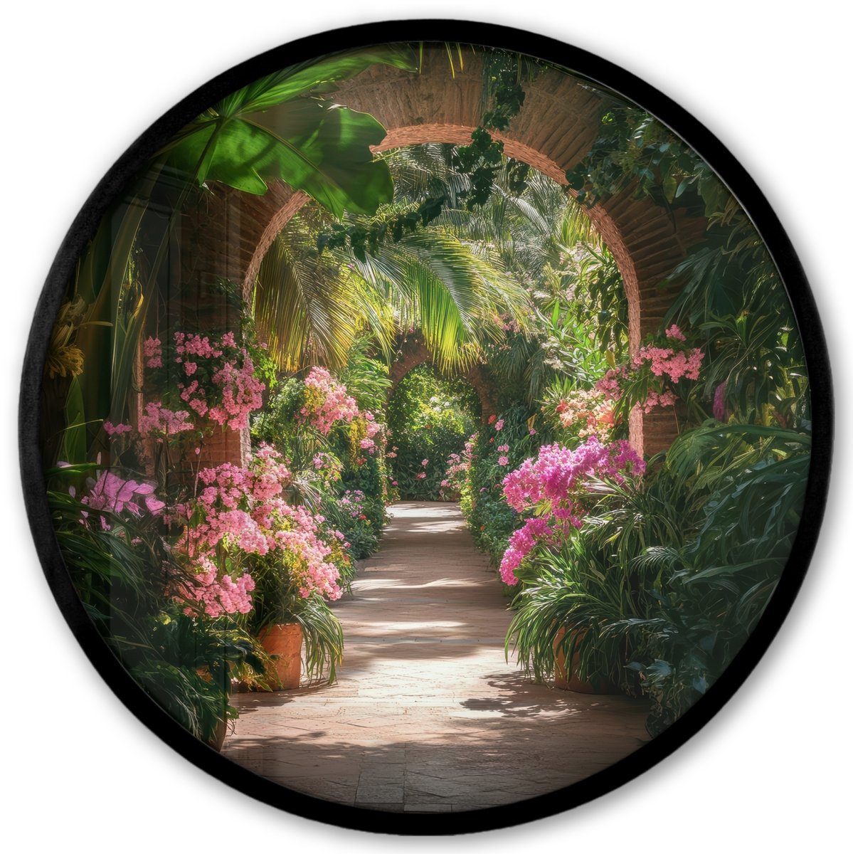 FrameYourWall Poster in lijst Rond - Fotolijst 40x40 cm - Posters - Doorkijk - Tropisch - Bloemen - Natuur - Ronde posterlijst zwart - Decoratie - Wanddecoratie woonkamer - Muurdecoratie slaapkamer Boog - Tropisch
