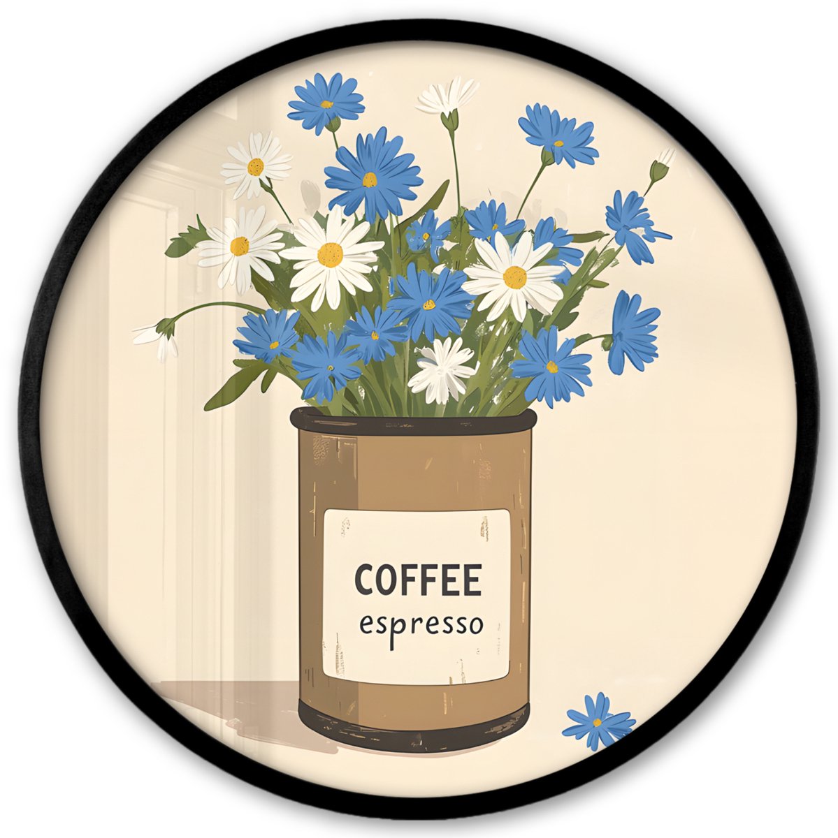 FrameYourWall Poster in lijst Rond - Fotolijst 40x40 cm - Posters - Coffee - Blik - Minimalistisch - Bloemen - Ronde posterlijst zwart - Decoratie - Wanddecoratie woonkamer - Muurdecoratie slaapkamer Bloemen - Blik