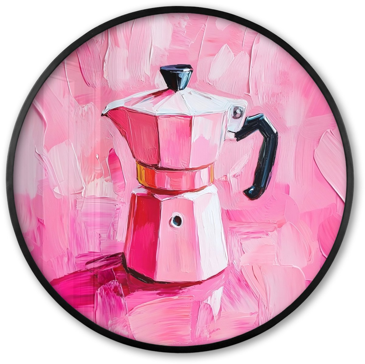 FrameYourWall Poster in lijst Rond - Fotolijst 60x60 cm - Posters - Roze - Verf - Coffee - Ronde posterlijst zwart - Decoratie - Wanddecoratie woonkamer - Muurdecoratie slaapkamer koffieapparaat