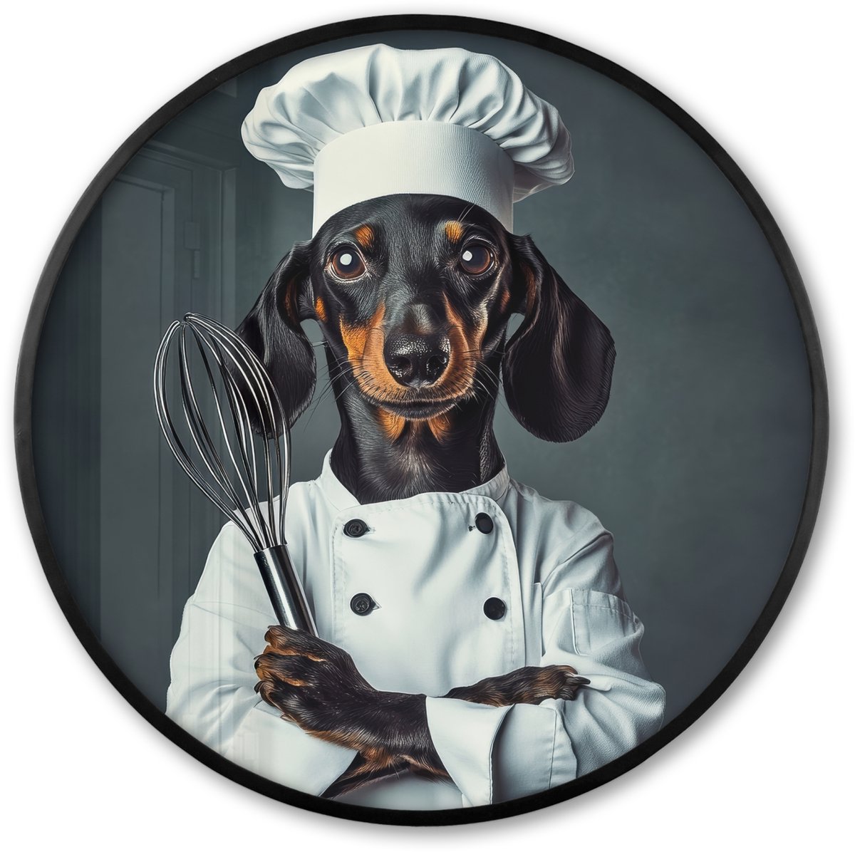 FrameYourWall Poster in lijst Rond - Fotolijst 80x80 cm - Posters - Hond - Garde - Kok - Ronde posterlijst zwart - Decoratie - Wanddecoratie woonkamer - Muurdecoratie slaapkamer Hond - Kokskleding