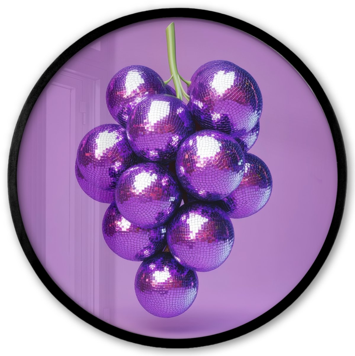 FrameYourWall Poster in lijst Rond - Fotolijst 40x40 cm - Posters - Druif - Disco - Glitter - Paars - Ronde posterlijst zwart - Decoratie - Wanddecoratie woonkamer - Muurdecoratie slaapkamer Disco - Druiven