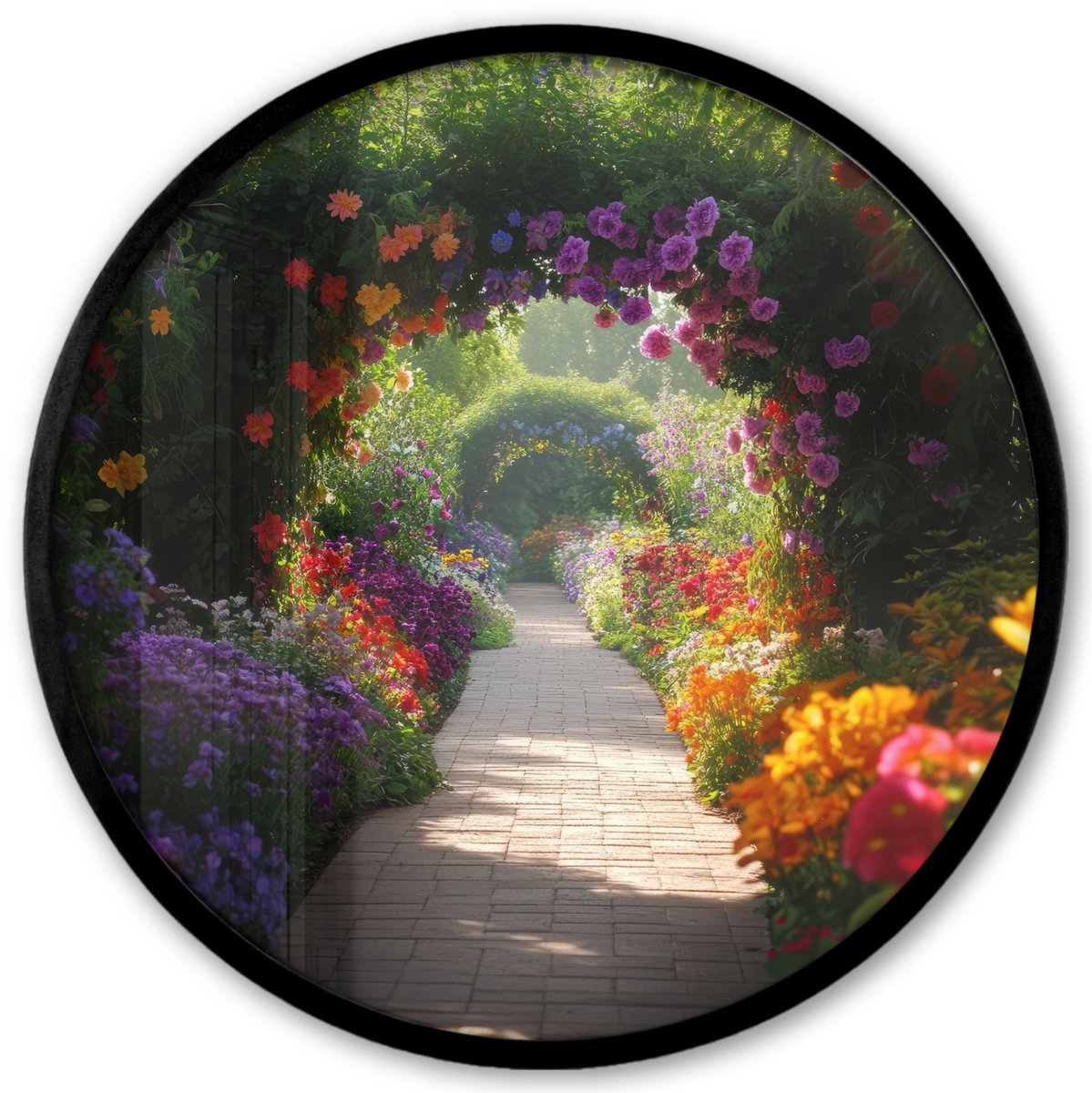 FrameYourWall Poster in lijst Rond - Fotolijst 40x40 cm - Posters - Doorkijk - Pad - Bloemen - Struik - Kleurrijk - Ronde posterlijst zwart - Decoratie - Wanddecoratie woonkamer - Muurdecoratie slaapkamer Doorkijk - Bloemen