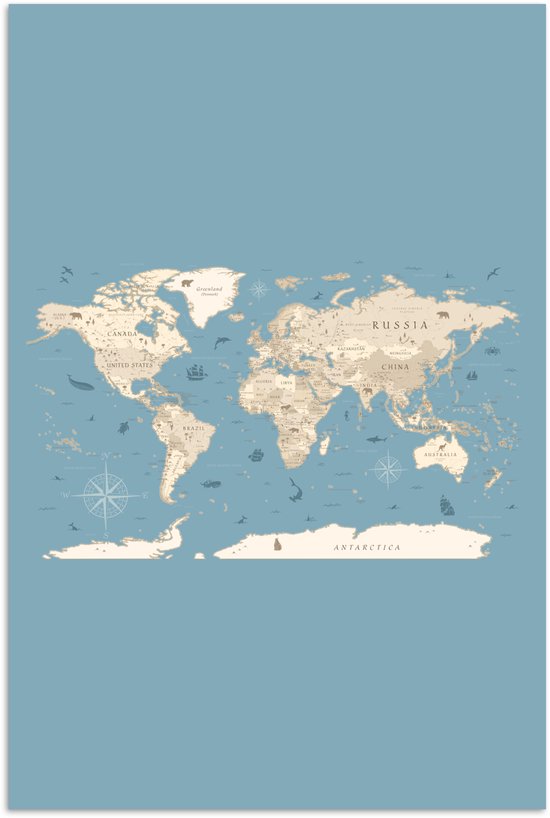 Affiche carte du monde bleue avec continents beiges et illustrations détaillées d'animaux, de navires et de roses des vents.