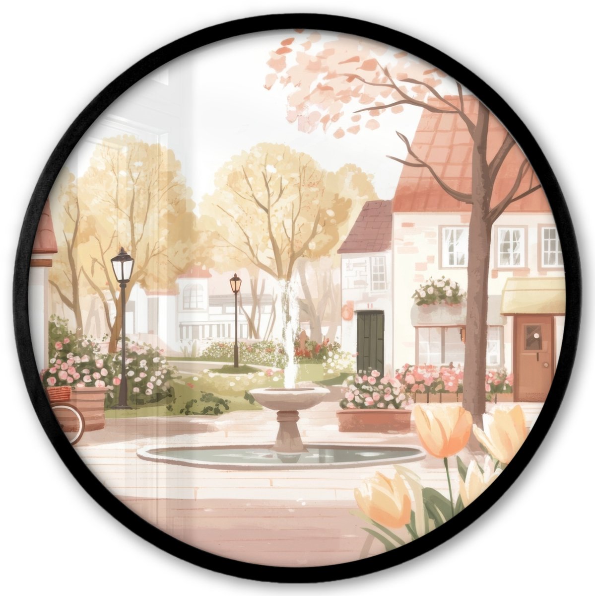 FrameYourWall Poster in lijst Rond - Fotolijst 40x40 cm - Posters - Dorpsplein - Fontein - Tulpen - Ronde posterlijst zwart - Decoratie - Wanddecoratie woonkamer - Muurdecoratie slaapkamer Huisjes - Plein