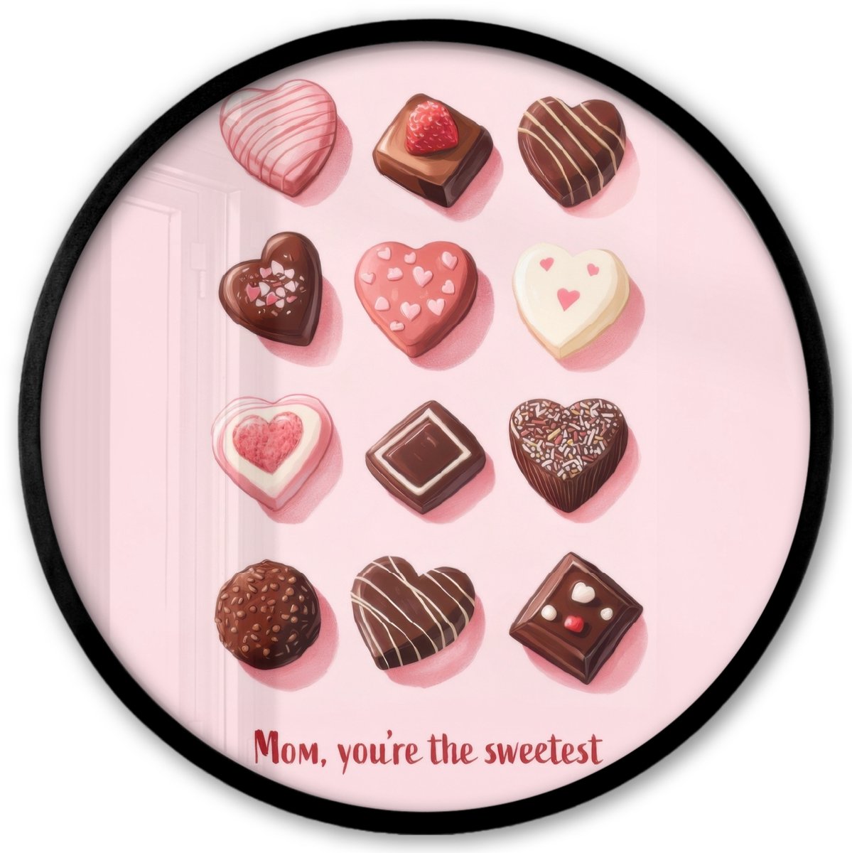 FrameYourWall Poster in lijst Rond - Fotolijst 40x40 cm - Posters - Chocolaatjes - Hartvormig - Liefste - Ronde posterlijst zwart - Decoratie - Wanddecoratie woonkamer - Muurdecoratie slaapkamer Chocolaatjes - Hartjes - Tekst