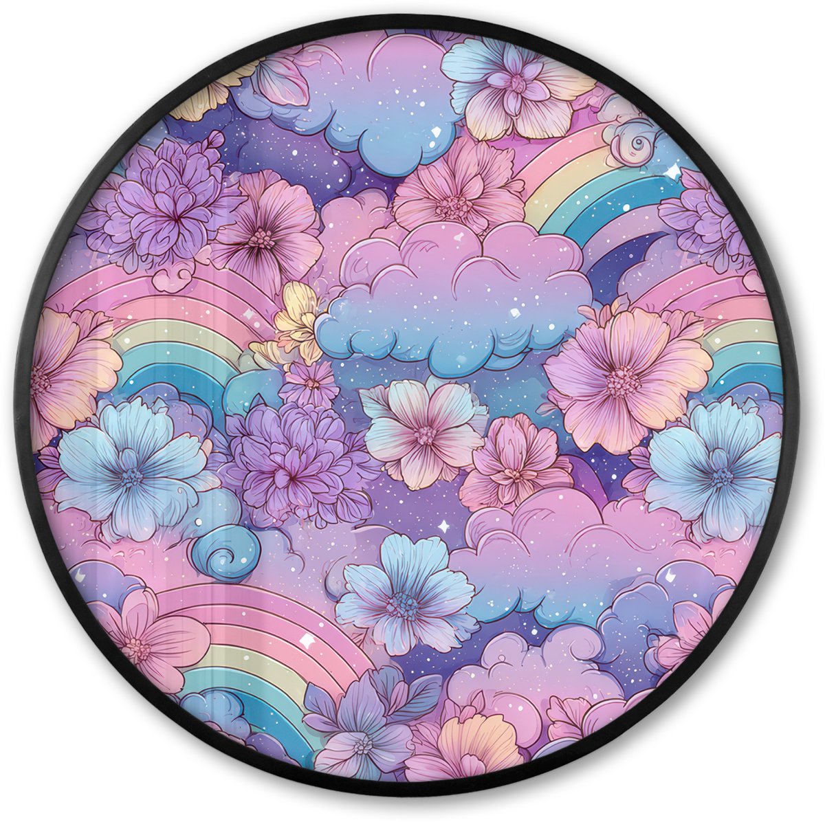 FrameYourWall Poster in lijst Rond - Fotolijst 60x60 cm - Posters - Regenbogen - Bloemen - Kleurrijk - Wolken - Ronde posterlijst zwart - Decoratie - Wanddecoratie woonkamer - Muurdecoratie slaapkamer