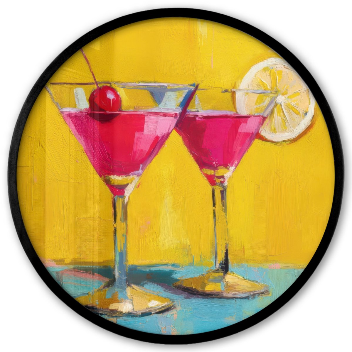 FrameYourWall Poster in lijst Rond - Fotolijst 40x40 cm - Posters - Glazen - Cocktail - Citroen - Kers - Ronde posterlijst zwart - Decoratie - Wanddecoratie woonkamer - Muurdecoratie slaapkamer