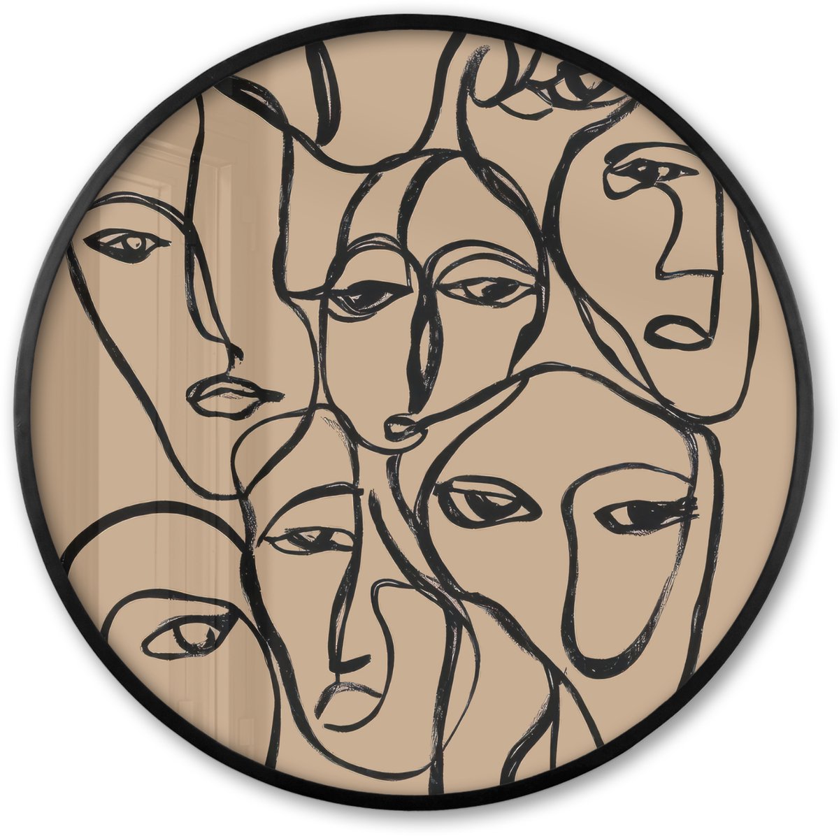 FrameYourWall Poster in lijst Rond - Fotolijst 80x80 cm - Posters - Gezichtenzee - Lijntekening - Abstract - Ronde posterlijst zwart - Decoratie - Wanddecoratie woonkamer - Muurdecoratie slaapkamer Gezichten - Lijntekening