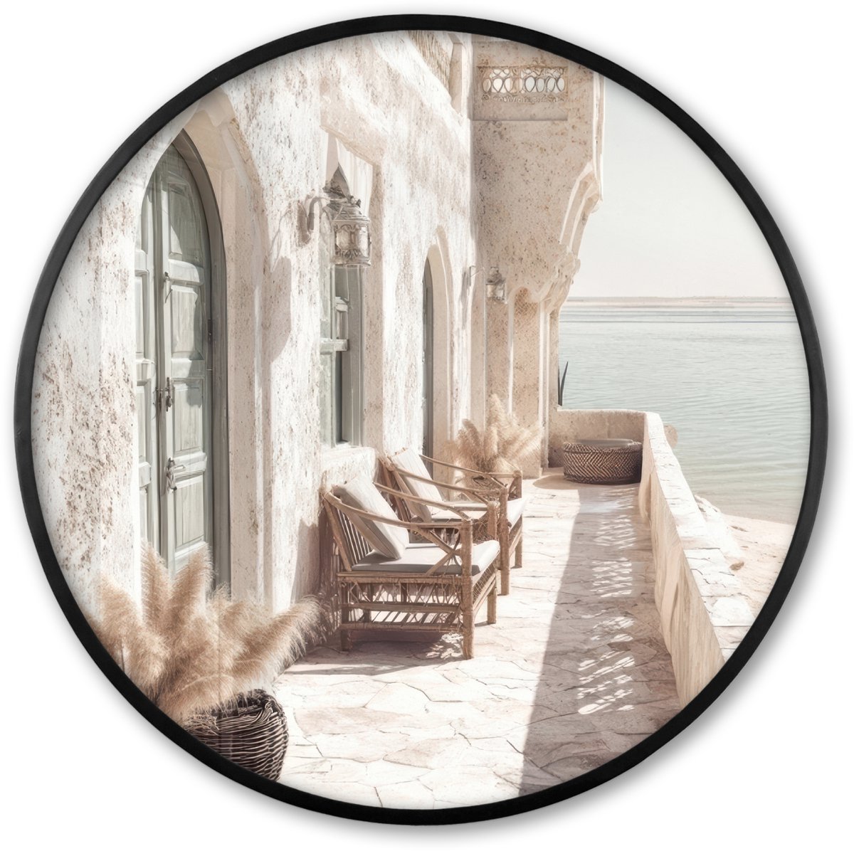 FrameYourWall Poster in lijst Rond - Fotolijst 60x60 cm - Posters - Terras - Stoelen - Strand - Beige - Ronde posterlijst zwart - Decoratie - Wanddecoratie woonkamer - Muurdecoratie slaapkamer Huis - Stoelen - Strand