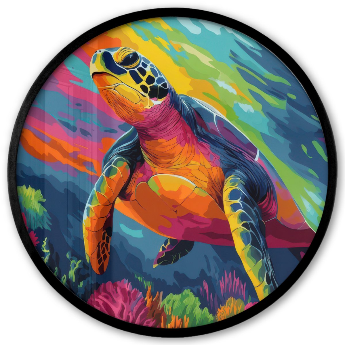 FrameYourWall Poster in lijst Rond - Fotolijst 40x40 cm - Posters - Koraal - Schildpad - Abstract - Water - Ronde posterlijst zwart - Decoratie - Wanddecoratie woonkamer - Muurdecoratie slaapkamer Schildpad - Kleurrijk