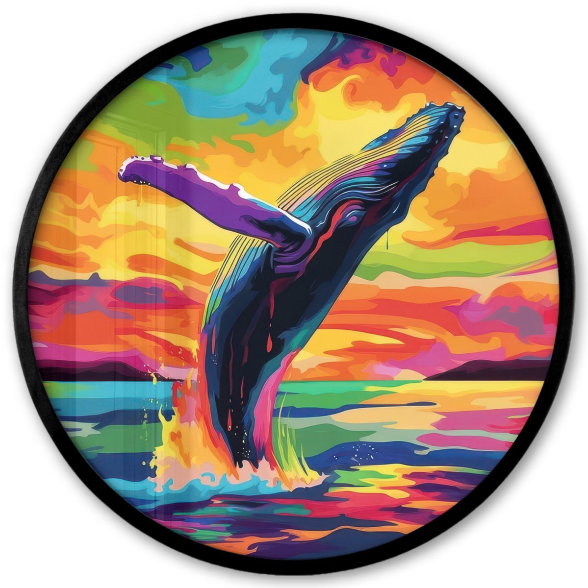 FrameYourWall Poster in lijst Rond - Fotolijst 40x40 cm - Posters - Zonsondergang - Walvis - Geschilderd - Kleurrijk - Ronde posterlijst zwart - Decoratie - Wanddecoratie woonkamer - Muurdecoratie slaapkamer Walvis - Kleurrijk
