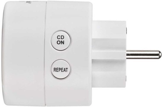 Witte Brennenstuhl tijdschakelaar met de knoppen 'CD ON' en 'REPEAT', en een stekker.