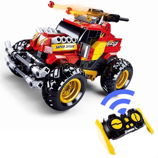 Monster truck rouge et jaune avec inscription "SUPER SPEED", avec télécommande et icône wifi.