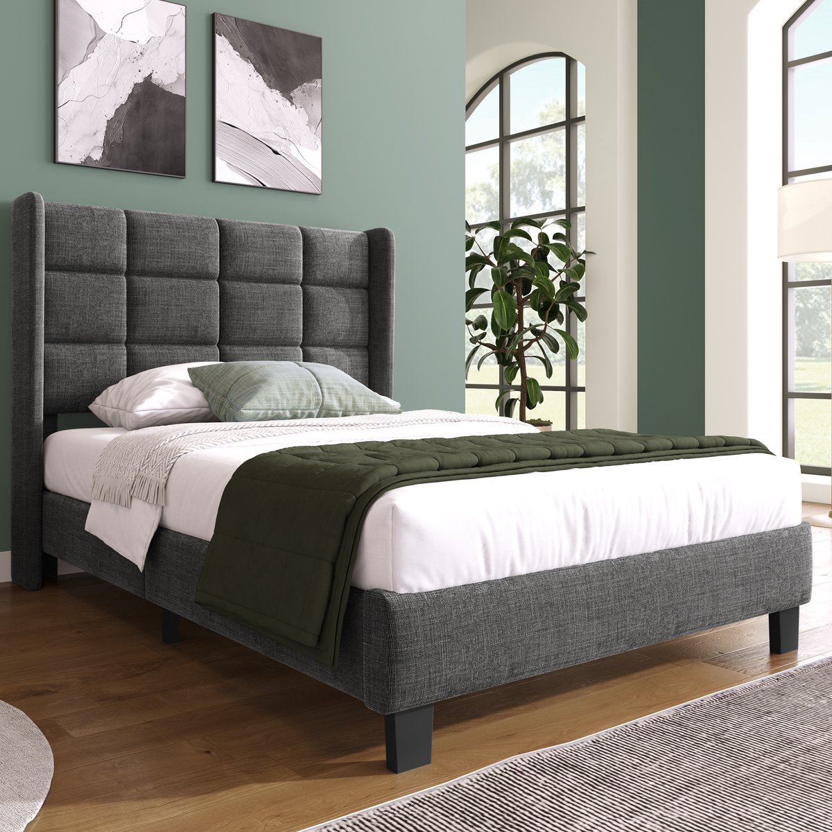 Polsterbed 90x200 cm - Modern design - Gepolsterd hoofdeinde - Lattenbodem - Grijs linnen - Middelste hardheid - Zonder matras