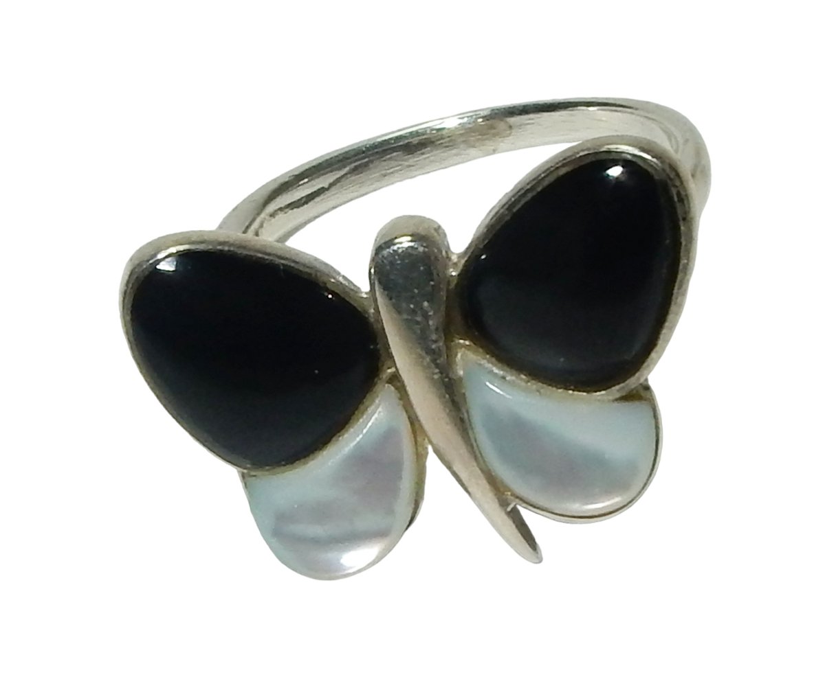 Zilveren Vlinder Ring Onyx/Maansteen Mt.18.5