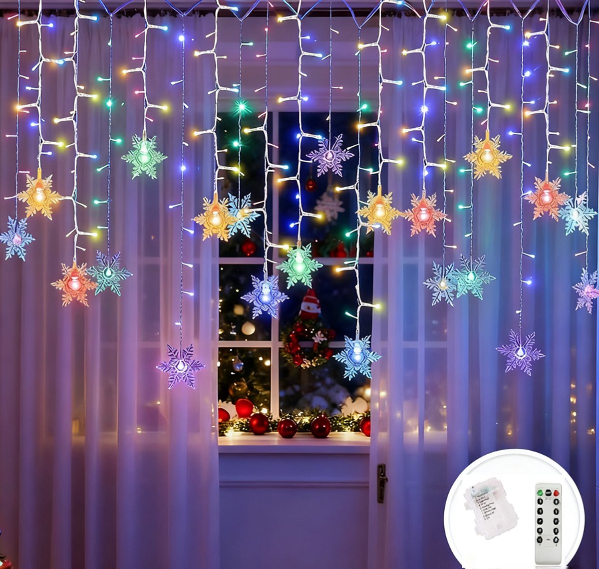 Christmas LED Kerstverlichting -Lichtgordijn Met afstandsbediening - kerst gordijnverlichting-Kerst Lichtslingers met Batterij- Vorm met Snowflakes - Kerststerren- Multicolour licht - 4 Meter- Sfeer Verlichting
