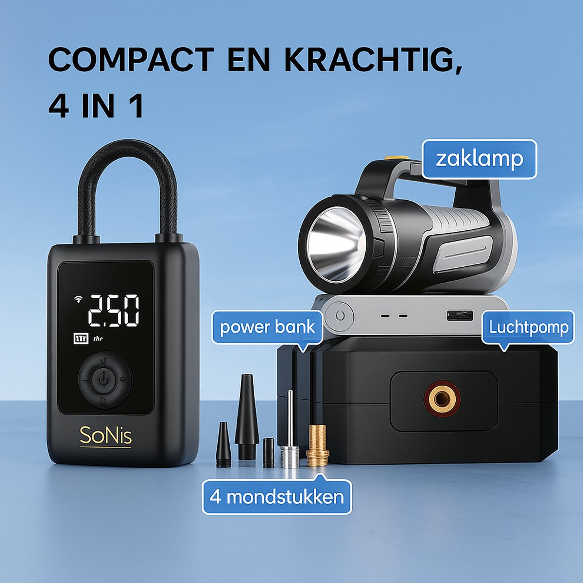 SoNis Elektrische Fietspomp - Luchtcompressor - voor Fiets, Scooter, Motor en Auto - Elektrische Bandenpomp - Oplaadbaar & Draagbaar - Bandenpomp - Compressor - Tot 10.3 Bar - Incl. Opbergzakje en Powerbankfunctie