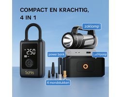 SoNis Elektrische Fietspomp - Luchtcompressor - voor Fiets, Scooter, Motor en Auto - Elektrische Bandenpomp - Oplaadbaar & Draagbaar - Bandenpomp - Compressor - Tot 10.3 Bar - Incl. Opbergzakje en Powerbankfunctie