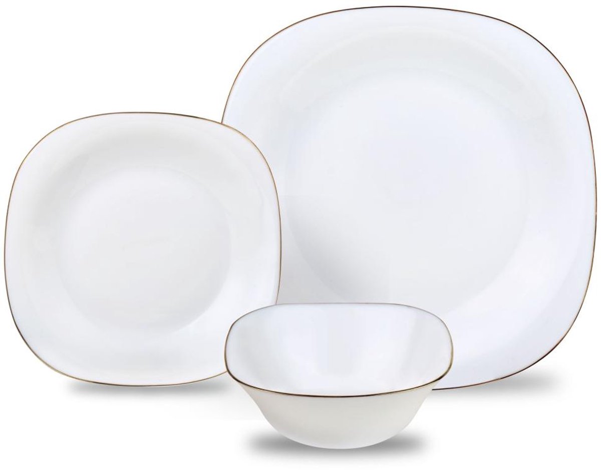 KingHoff Servies Set TOPAZ 18-delig - Wit Vierkant Bordenset met Gouden Rand - Servies voor 6 Personen - Geschikt voor de Vaatwasser