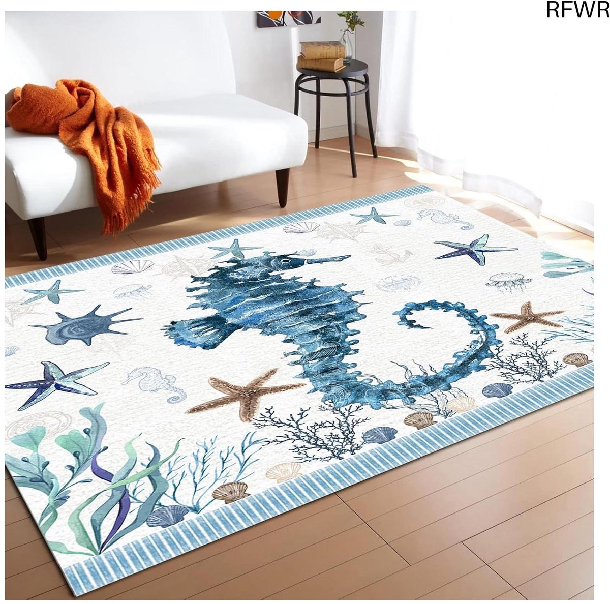 RFWR Decoratief Vloerkleed met Zeepaardje en Zeewier - Antislip Deurmat voor Binnen en Buiten 120 x 160 cm Deurmat 1809