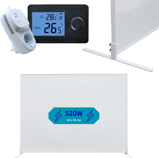 Witte staande infrarood paneelverwarmer, 60 x 90 cm, 520W, met zwarte draadloze thermostaat en stekker.