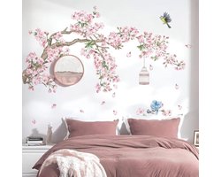Kersenbloesem Boom Muursticker Set - Roze Bloemen Vogelwereld Muurdecoratie voor Slaapkamer en Woonkamer - Zelfklevende Wanddecoratie met Takken Design