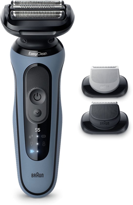 Rasoir Braun Série 5 bleu avec deux accessoires.