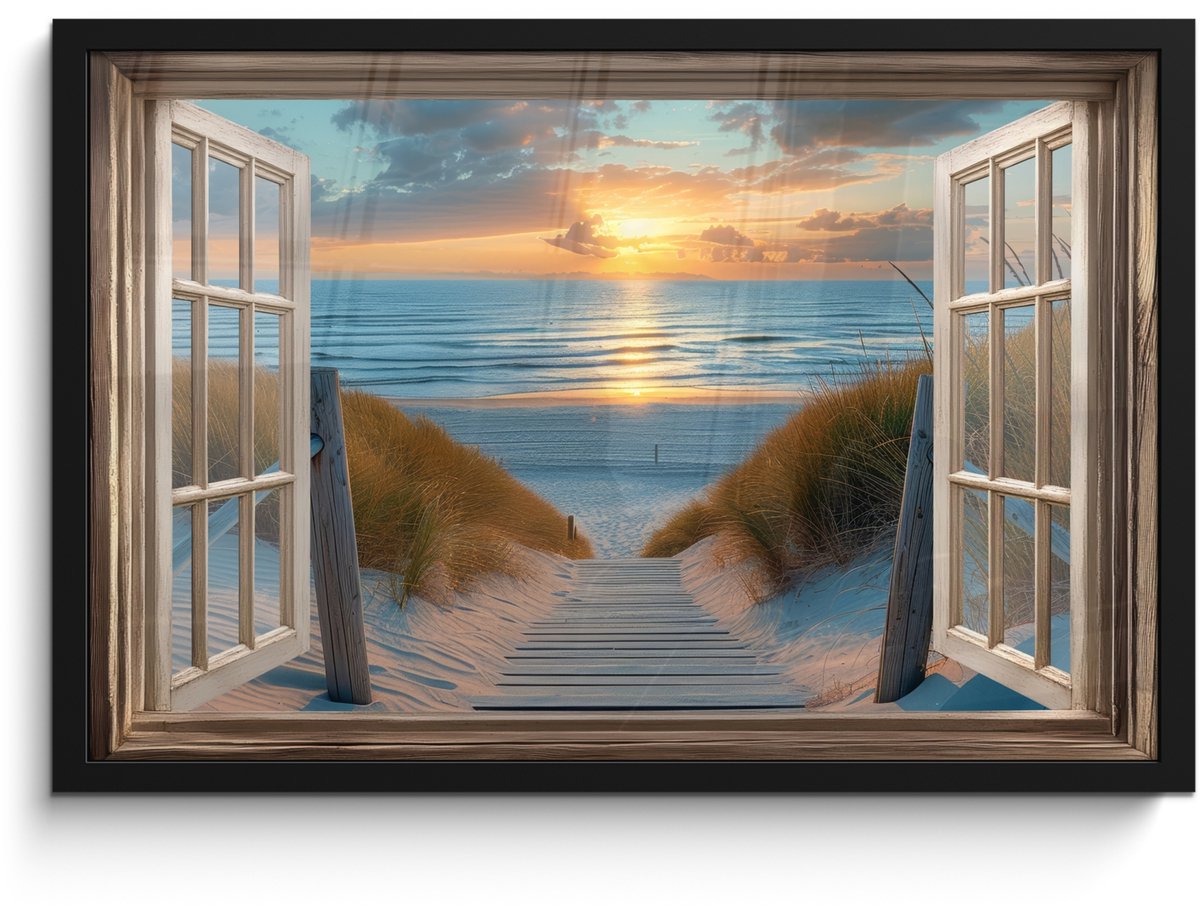 FrameYourWall Poster in lijst - Fotolijst 60x40 cm - Posters - Doorkijk - Strand - Pad - Zonsondergang - Posterlijst zwart - Decoratie - Wanddecoratie woonkamer - Muurdecoratie slaapkamer Zonsondergang - Zee