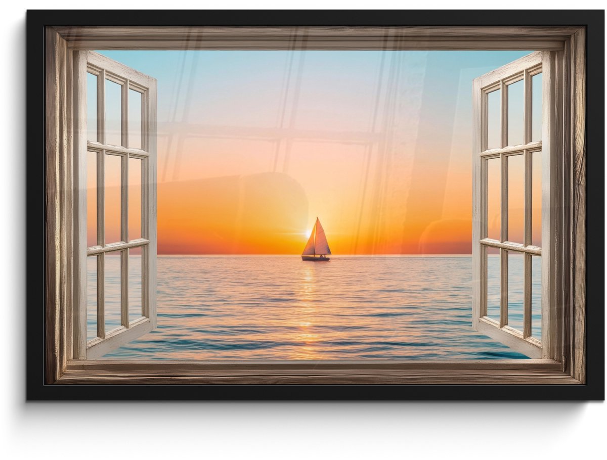 FrameYourWall Poster in lijst - Fotolijst 60x40 cm - Posters - Doorkijk - Zee - Boot - Zonsondergang - Posterlijst zwart - Decoratie - Wanddecoratie woonkamer - Muurdecoratie slaapkamer Zonsondergang - Boot