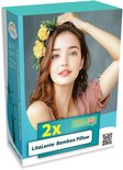 Doos met LitaLente Bamboo Pillow: Vrouw met bloemenkrans en tekst 'Wake up healthy and happy everyday' en '2x LitaLente Bamboo Pillow'.