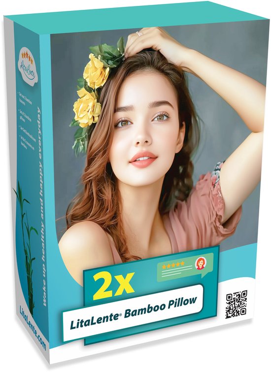 Doos met LitaLente Bamboo Pillow: Vrouw met bloemenkrans en tekst 'Wake up healthy and happy everyday' en '2x LitaLente Bamboo Pillow'.