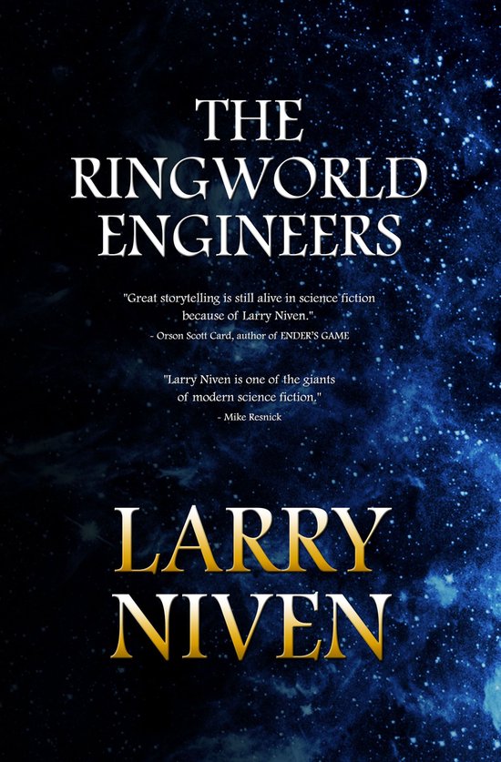 Boekcover van "The Ringworld Engineers" van Larry Niven, met een sterrenhemel.