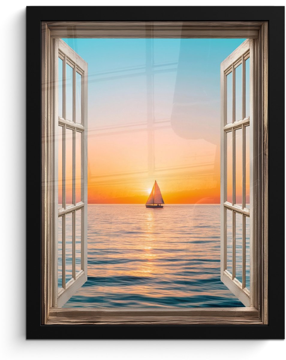 FrameYourWall Poster in lijst - Fotolijst 30x40 cm - Posters - Doorkijk - Zee - Boot - Zonsondergang - Posterlijst zwart - Decoratie - Wanddecoratie woonkamer - Muurdecoratie slaapkamer Zonsondergang - Boot
