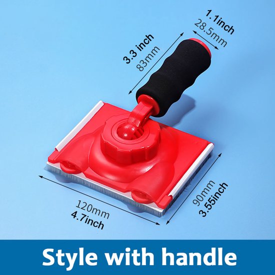 Rode verfhulp met zwarte handgreep, met afmetingen in inches en millimeters.