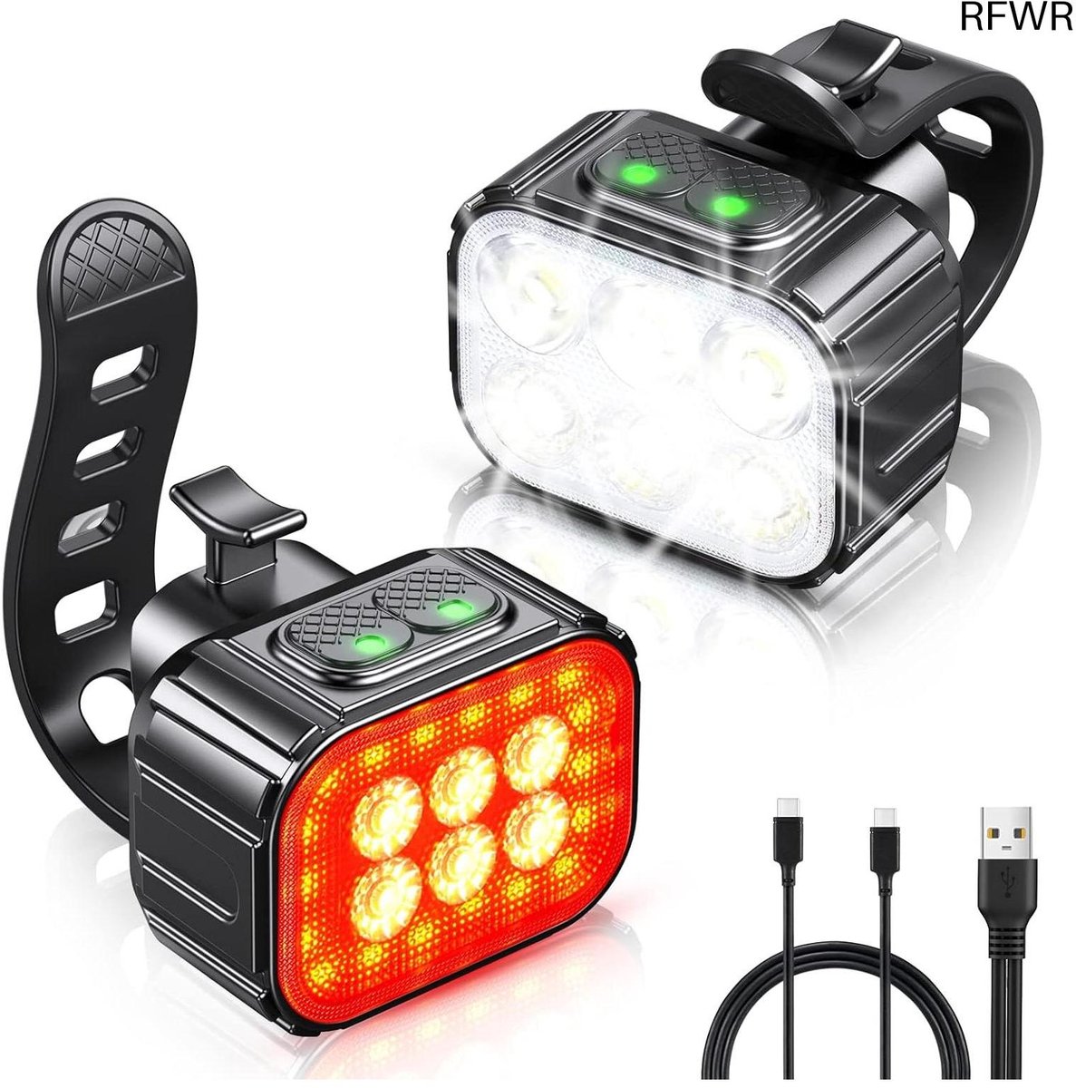RFWR® Oplaadbare Fietsverlichting met Spotlight en Schijnwerperbundel - Waterdicht en Super Helder - Voor- en Achterverlichting met 8 + 12 Modi