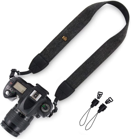 MUZIRI KIINOKOO Echt lederen riem met nylon riem, verstelbare schouderriem met driehoekige ringen voor de meeste digitale camera's, lengte 90 cm tot 140 cm, zwart
