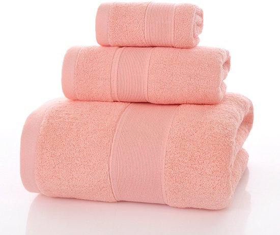 Set van 3 badhanddoeken: handdoek (34x34), washandje (35x75), badhanddoek (70x140). 100% luxe katoen, ultrazacht, hotelkwaliteit, zeer absorberend, geschikt voor badkamer, douche, strand en dagelijks gebruik (roze).