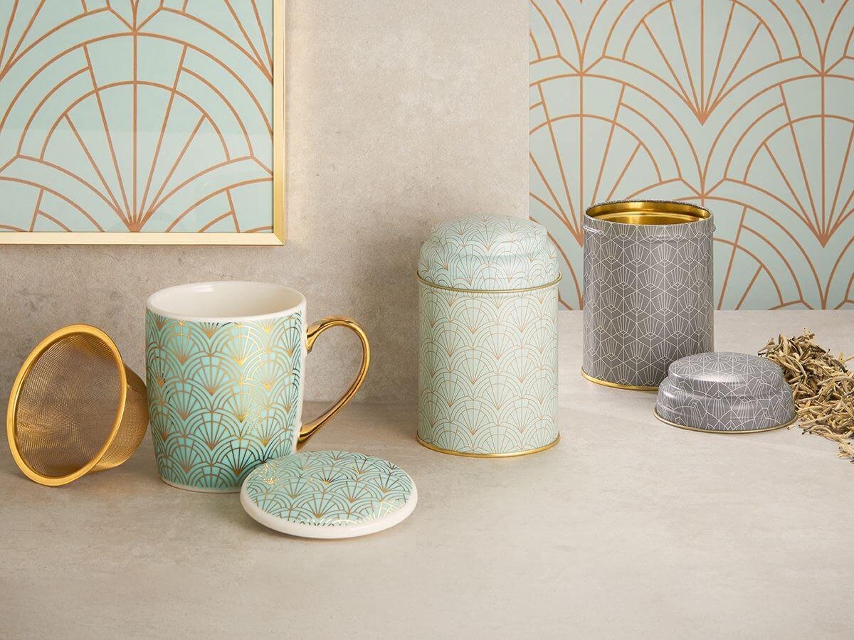 Bewaarblikken Art Deco – set van 2 – 125 gram – Tinplate – Mat design met geometrisch art-deco patroon – Luchtdichte thee of koffieblikken / kruidenblikken met binnen deksel
