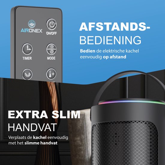 Aironex Elektrische Kachel 2000 Watt - Keramische Zwarte Kachelventilator - Electrische Kachel - Verwarming Elektrisch - Heater - Ventilatorkachel met afstandsbediening en timerfunctie - Krachtige Keramische Kachel